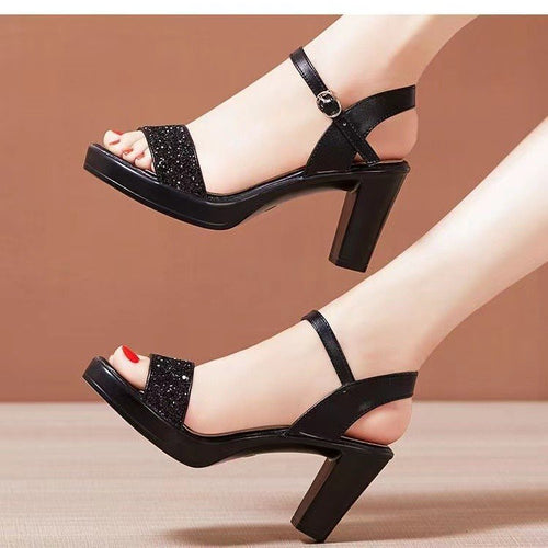 Damen nan Glitzer-Zehenschlaufen-Sandalette mit Plateaueffekt und stabilem Blockabsatz Drune