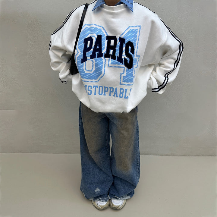 Damen Oversized Sweatshirt mit modischem Paris-Print und gestreiften Akzenten Drune