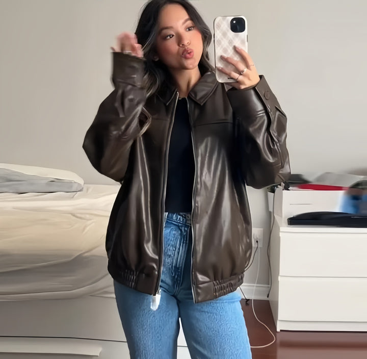 Damen Oversized Kunstlederjacke mit großzügigem Schnitt und modischen Details Drune