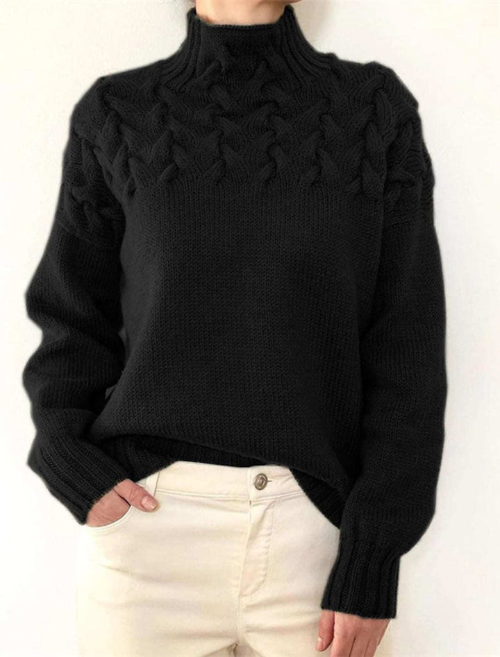 Damen Strickpullover mit dekorativem Zopfmuster und hohem Kragen Drune