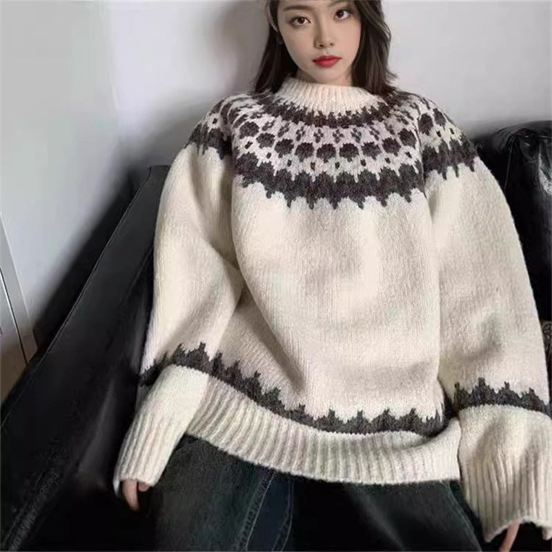 Damen gestrickter Pullover mit Norwegermuster Drune