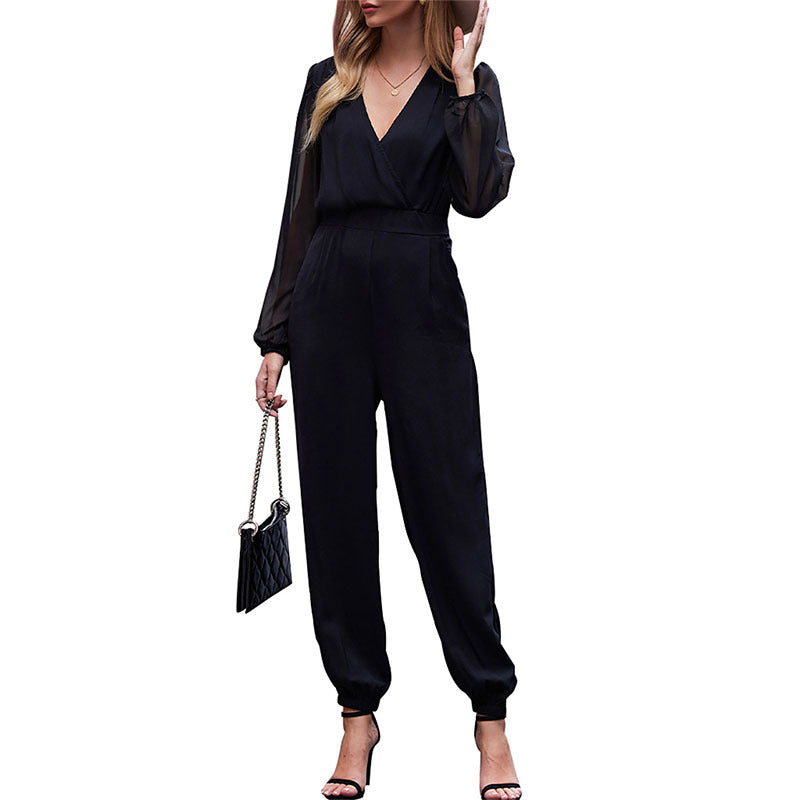 Damen eleganter Jumpsuit mit transparenten Ärmeln und taillierbarem Design Drune
