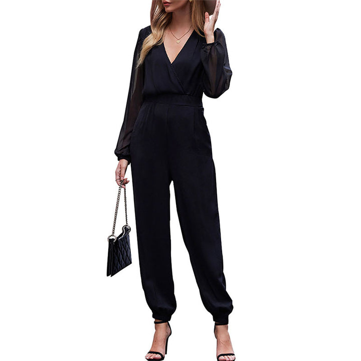 Damen eleganter Jumpsuit mit transparenten Ärmeln und taillierbarem Design Drune