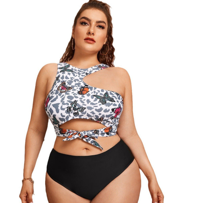 Damen Cut-Out Bikini mit modischem Blütenmuster und hohem Taillen-Slip Drune