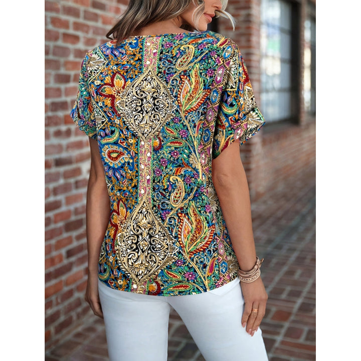 Damen Kurzarm Bluse mit buntem Druck und V-Ausschnitt Drune
