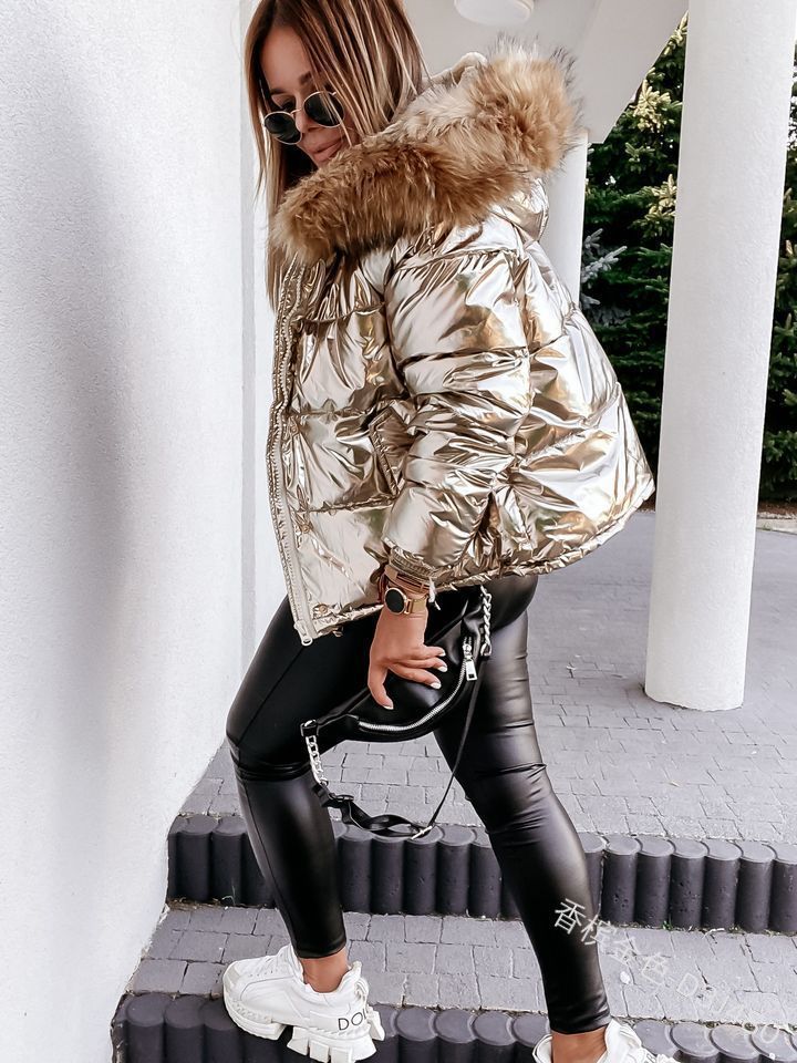 Damen Glänzende Winterjacke mit abnehmbarer Kapuze und Kunstfellkragen Drune