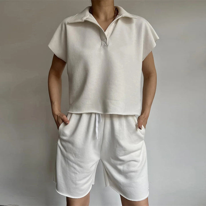 Damen lässiger Freizeitanzug mit hochgeschlossenem Kragen und elastischen Shorts Drune