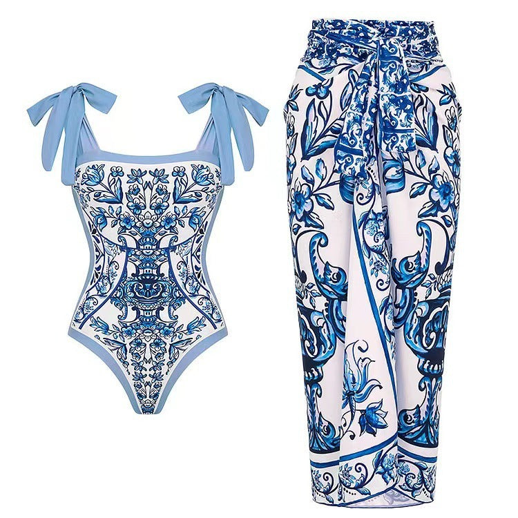 Damen Badeanzug mit floralem Druck und passendem Wickelrock Drune