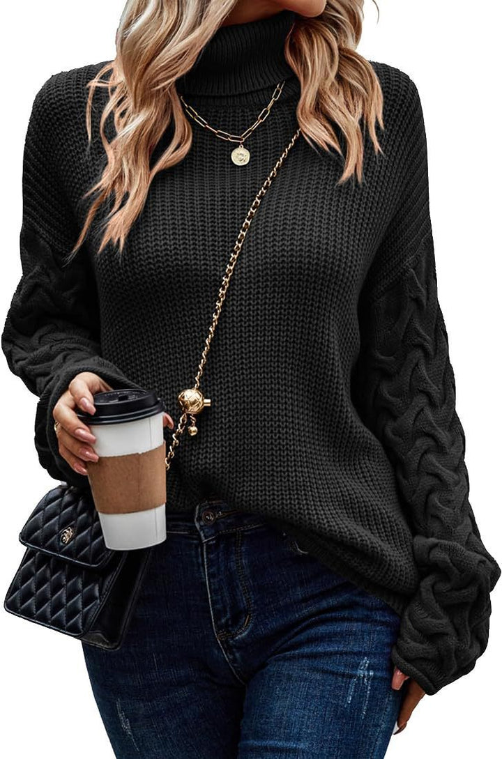 Damen Grobstrickpullover mit modernem Zopfdesign und hohem Kragen Drune