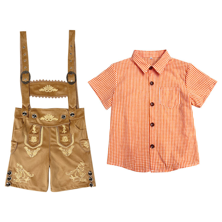 Unisex nan traditionelles Kinder Trachten-Set Lederhose mit Stickerei und kariertem Hemd Drune