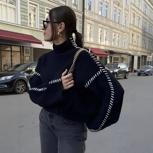 Damen nan Grobstrick-Oversize-Pullover mit hoher Rollkragenkante und Zierstich-Ärmeln Drune