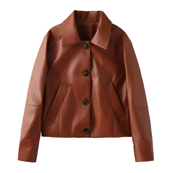Damen elegante Kunstlederjacke mit moderner Silhouette und praktischen Taschen Drune