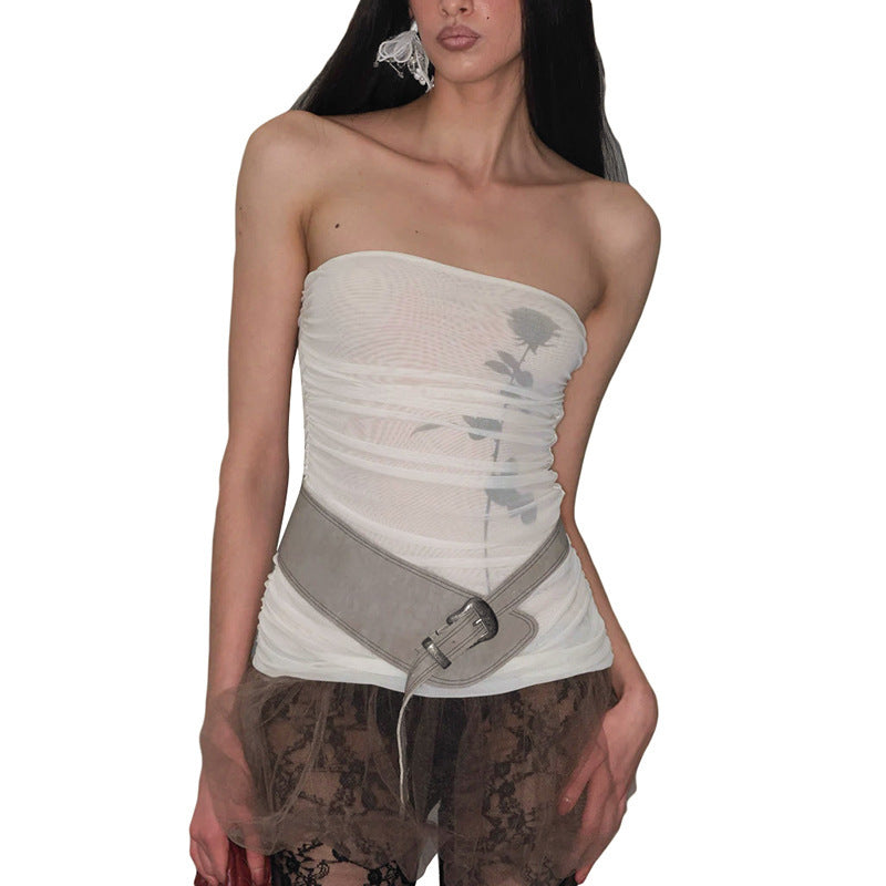 Damen Bandeau-Top mit Raffung und transparentem Stoff Drune