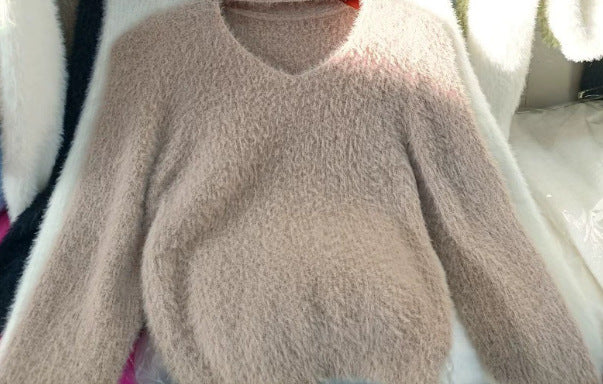 Damen kuscheliger V-Ausschnitt Pullover mit hohem Kragen Drune