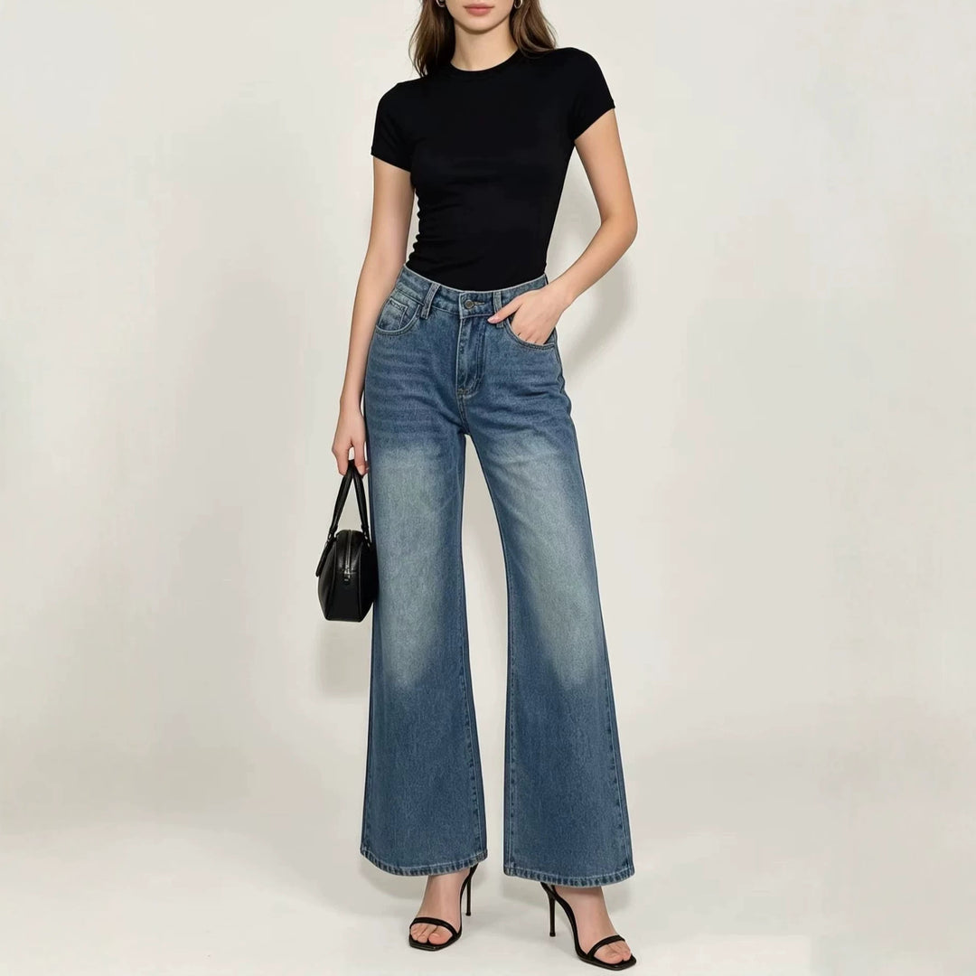 Damen nan High‑Waist Flared-Jeans mit weitem Bein, taillierender Bundnaht und dezenter Used-Struktur Drune