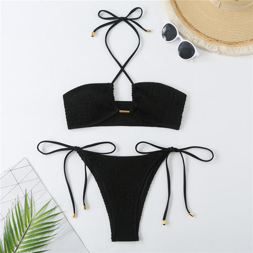 Damen Bikini-Set mit gerafftem Bandeau-Oberteil und hoch geschnittenen Höschen Drune