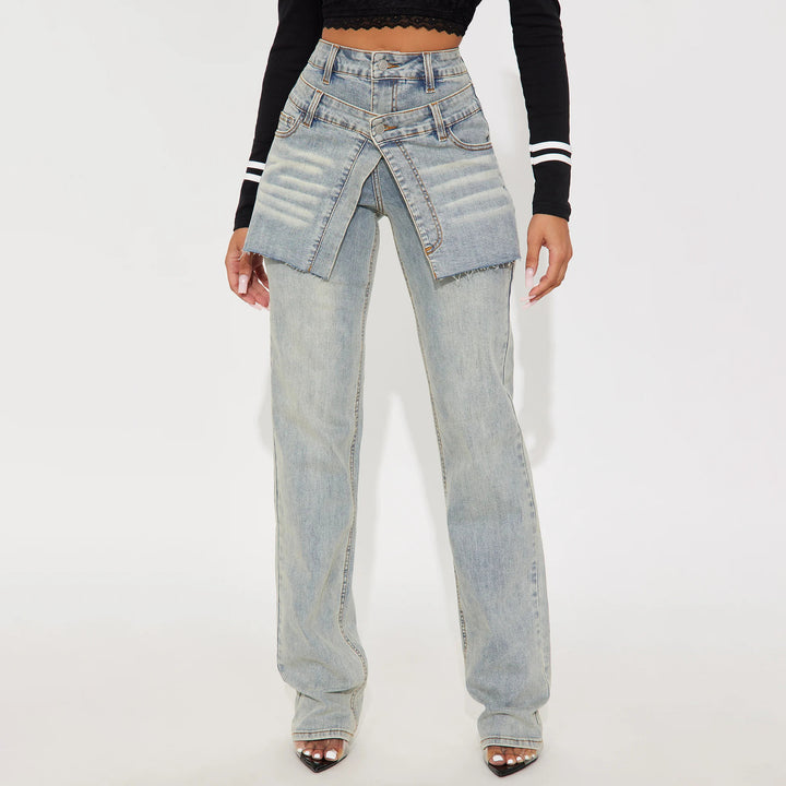 Damen Modische Denim-Hose mit asymmetrischem Design und hohem Bund Drune