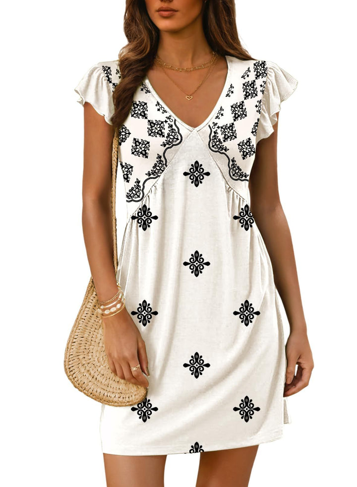 Damen luftiges sommerliches Kleid mit floralem Muster und V-Ausschnitt Drune