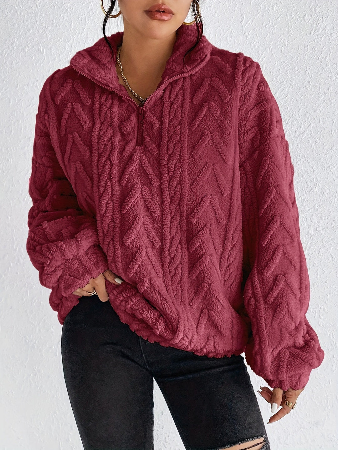 Damen Fleece Pullover mit hohem Kragen und strukturiertem Design Drune