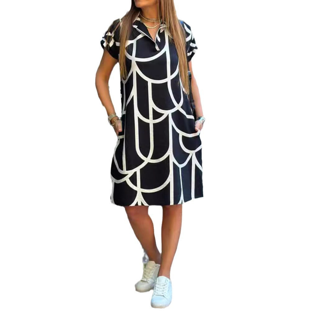 Damen nan legeres Hemdblusenkleid mit V-Ausschnitt, kurzen Umschlagärmeln und grafischem Alloverprint Drune