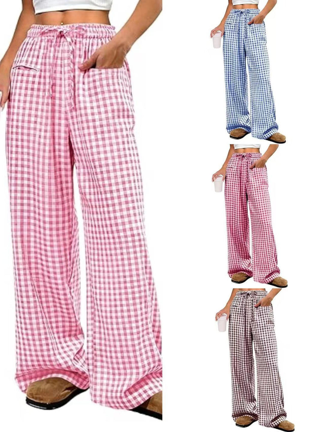 Damen Weit geschnittene Karohose mit elastischem Bund und praktischen Taschen Drune