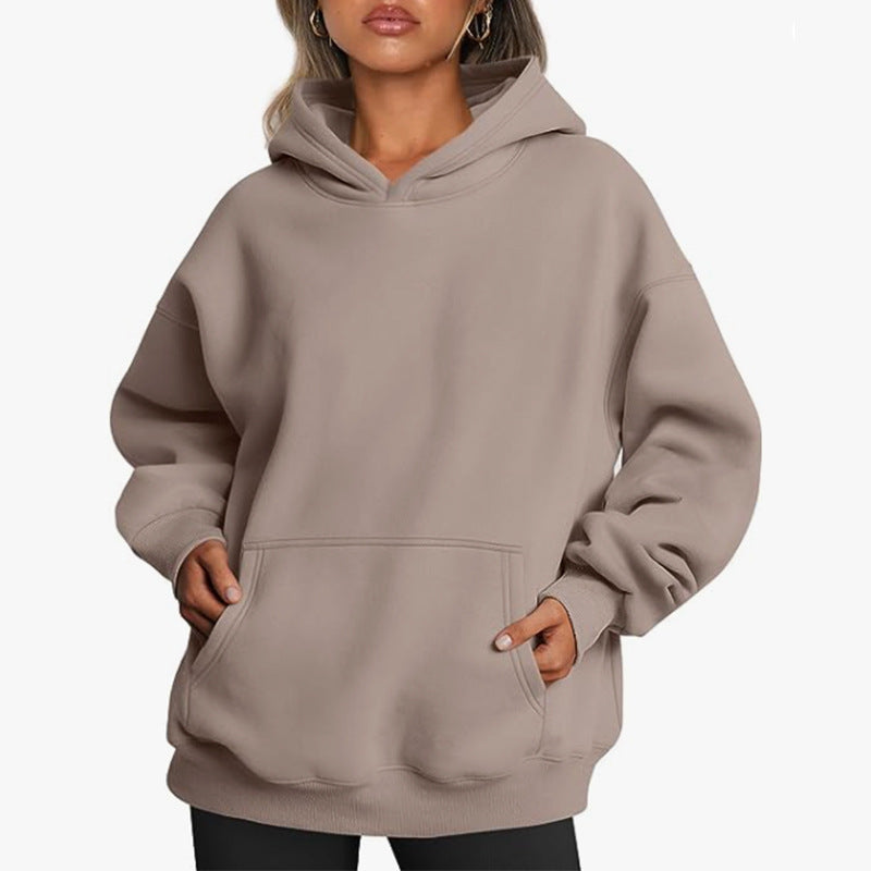 Damen nan Relax-Fleece Kapuzenpullover mit Kängurutasche, verlängerter Rücken und überschnittener Schulter Drune