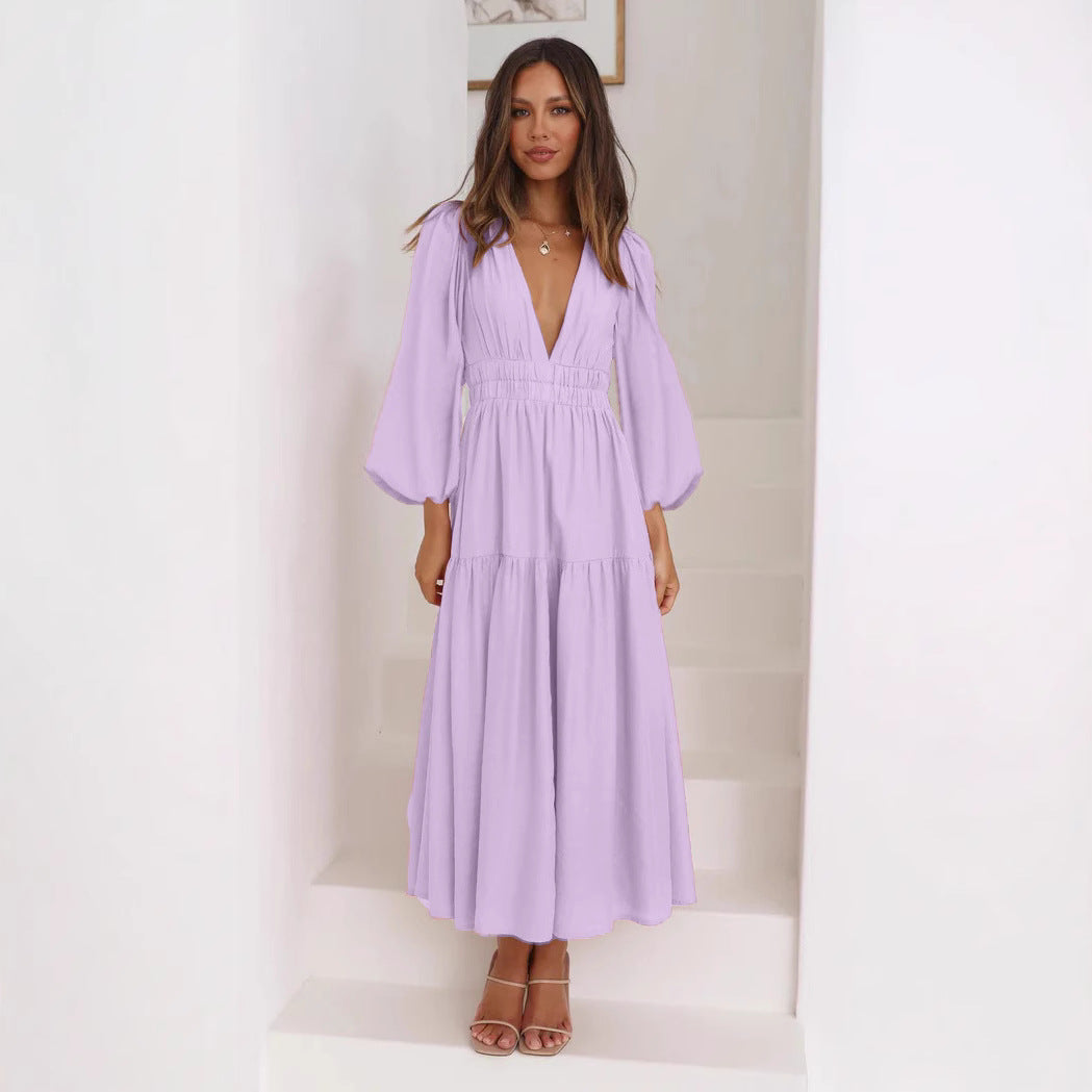 Damen Langarm Maxikleid mit tiefem V-Ausschnitt und weitem Rock Drune