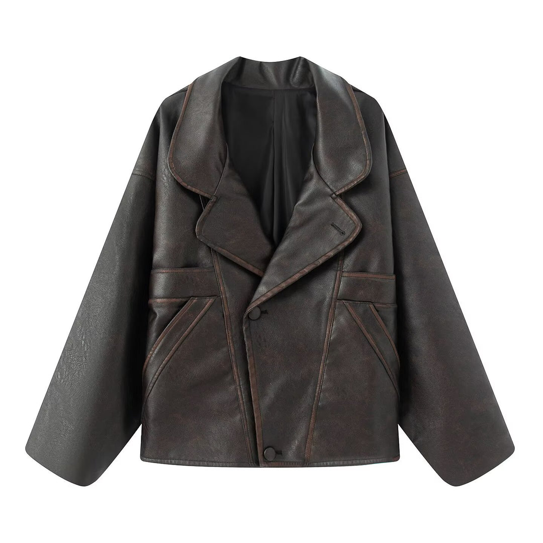 Damen elegante Kunstlederjacke mit oversized Schnitt Drune