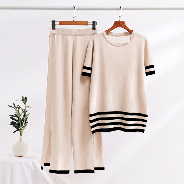 Damen stylisches Strick-Loungewear-Set mit breiten Streifen und seitlichen Schlitzen Drune