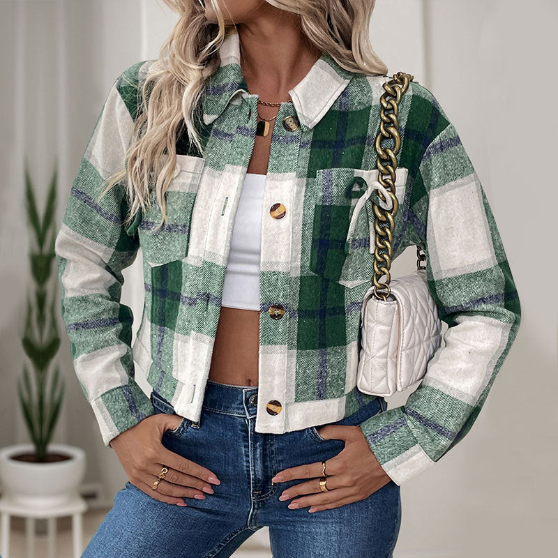 Damen cropped Karobluse mit nostalgischem Flair und praktischen Knöpfen Drune