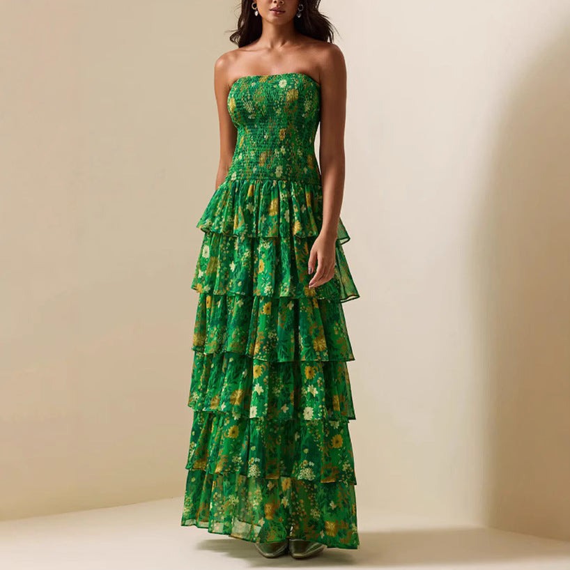 Damen Langärmliges Maxikleid mit voluminösen Rüschen und floralem Design Drune