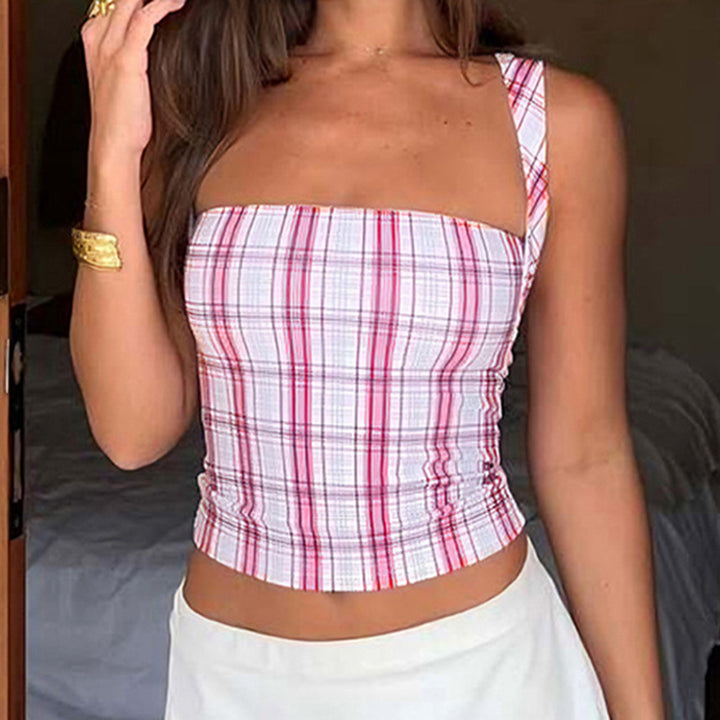 Damen figurbetontes Karo-Top mit elegantem Schnitt und transparenten Einsätzen Drune
