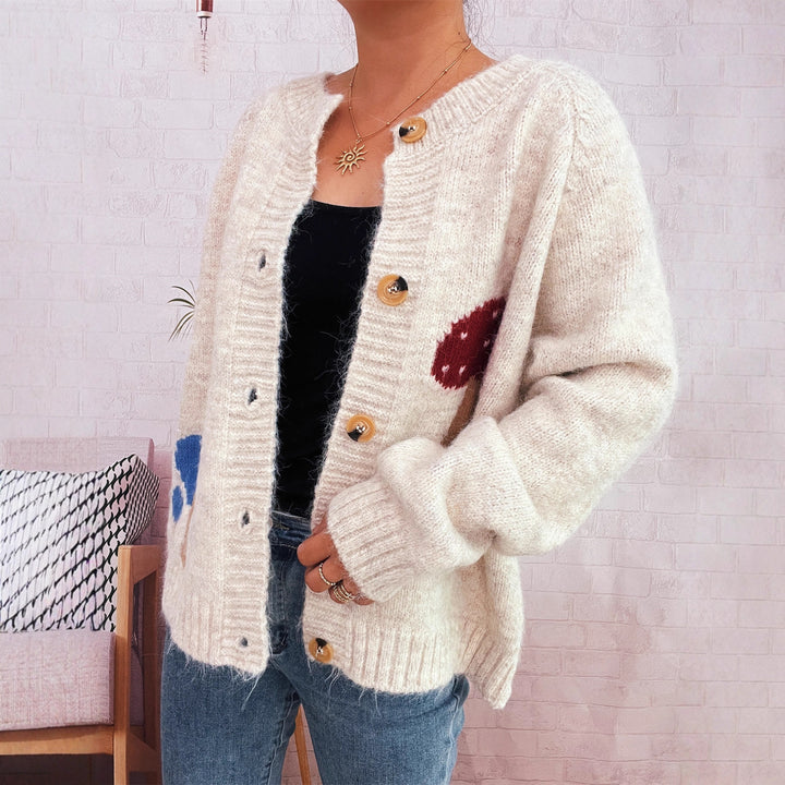 Damen Strickjacke mit kreativem Pilzmuster Drune