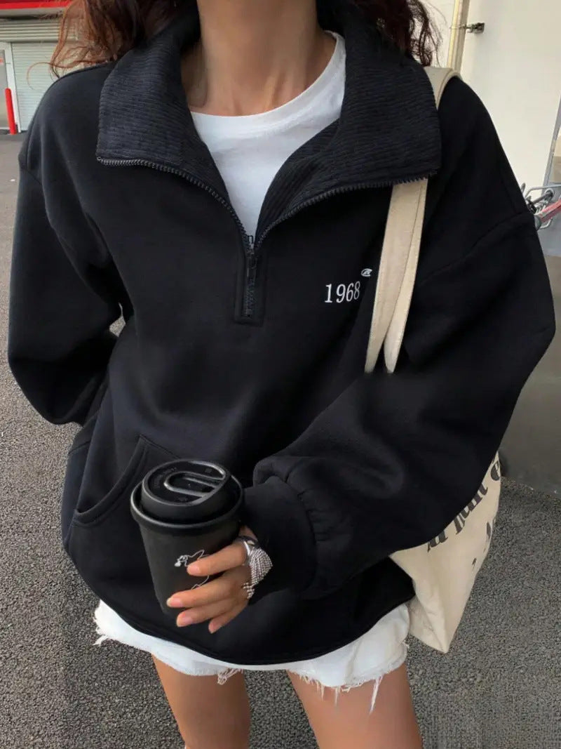 Damen nan oversized Halbzip-Sweatshirt mit hohem Stehkragen, Kängurutasche und lässigem Oversize-Schnitt Drune
