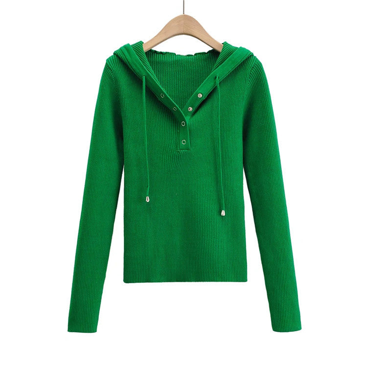 Damen lässiger Strickpullover mit Kapuze und Knopfleiste Drune