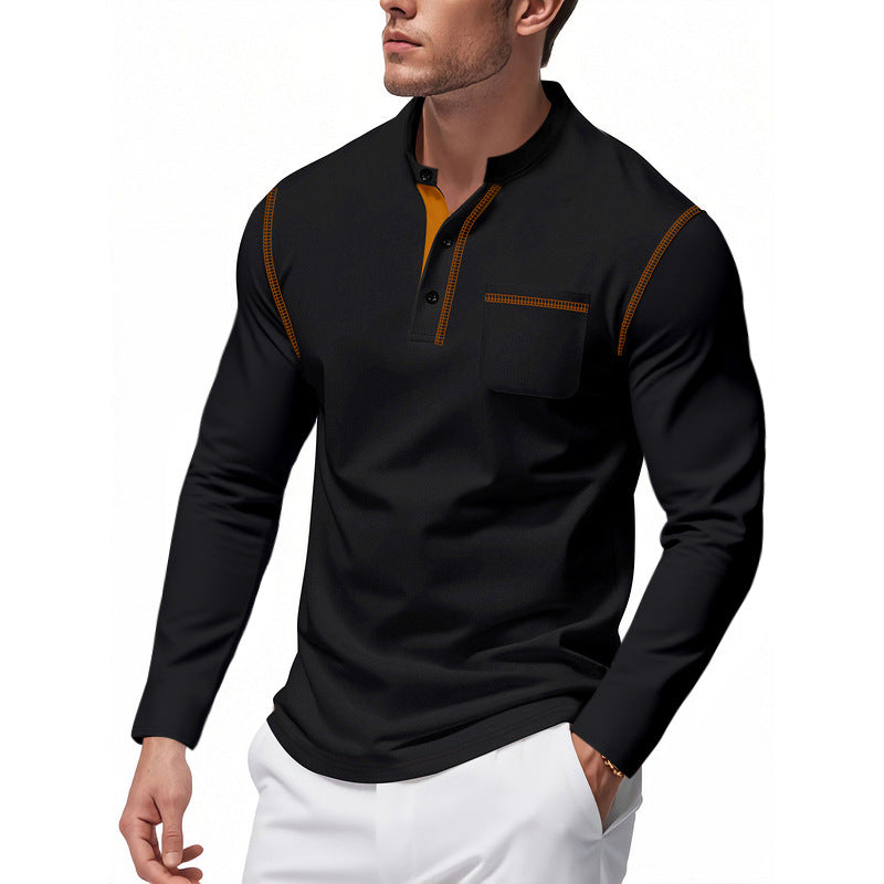 Herren nan Henley-Langarmshirt mit Stehkragen, Brusttasche und kontrastierenden Ziernähten Drune