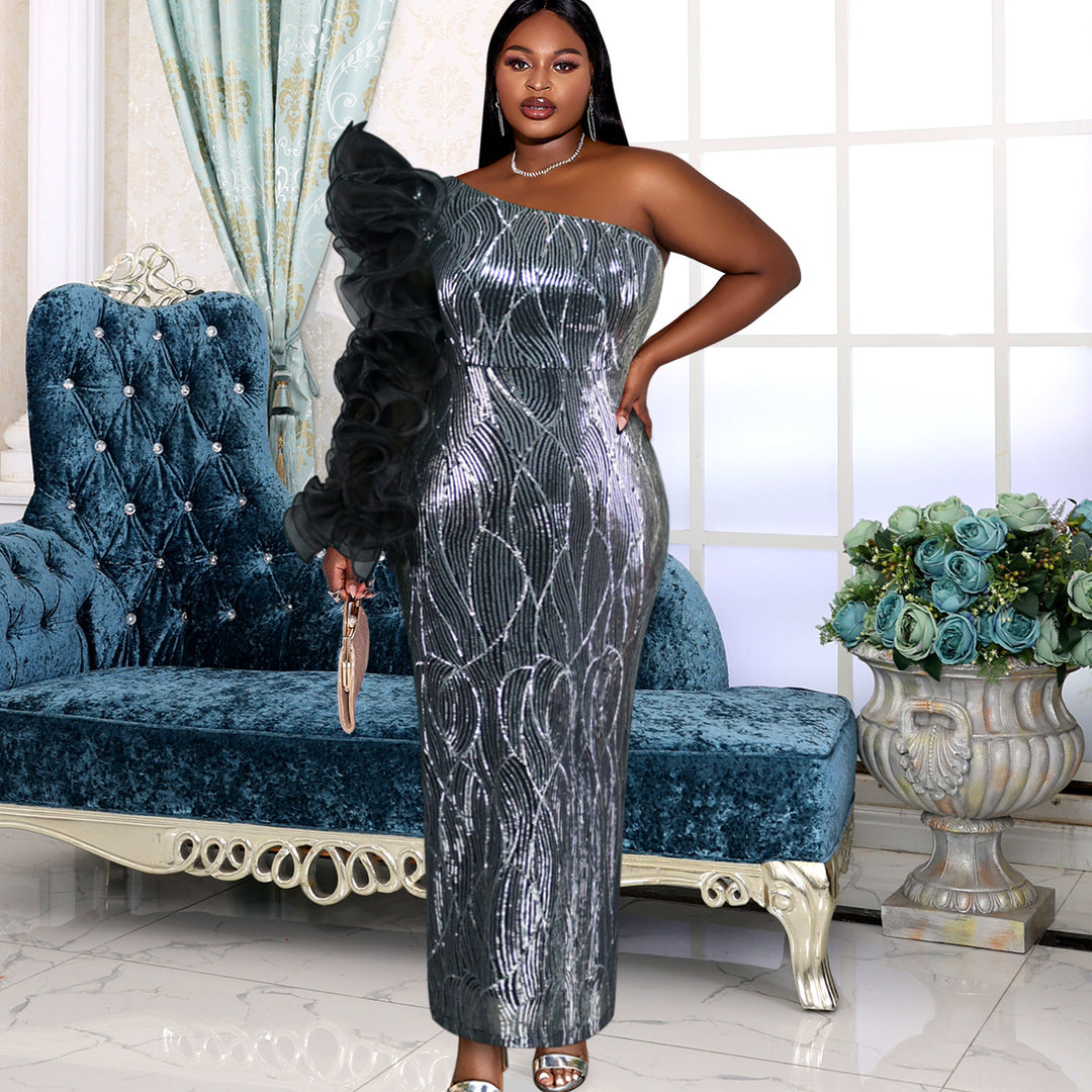 Damen Glitzerndes Abendkleid mit asymmetrischem Schnitt und voluminösen Rüschendetails Drune