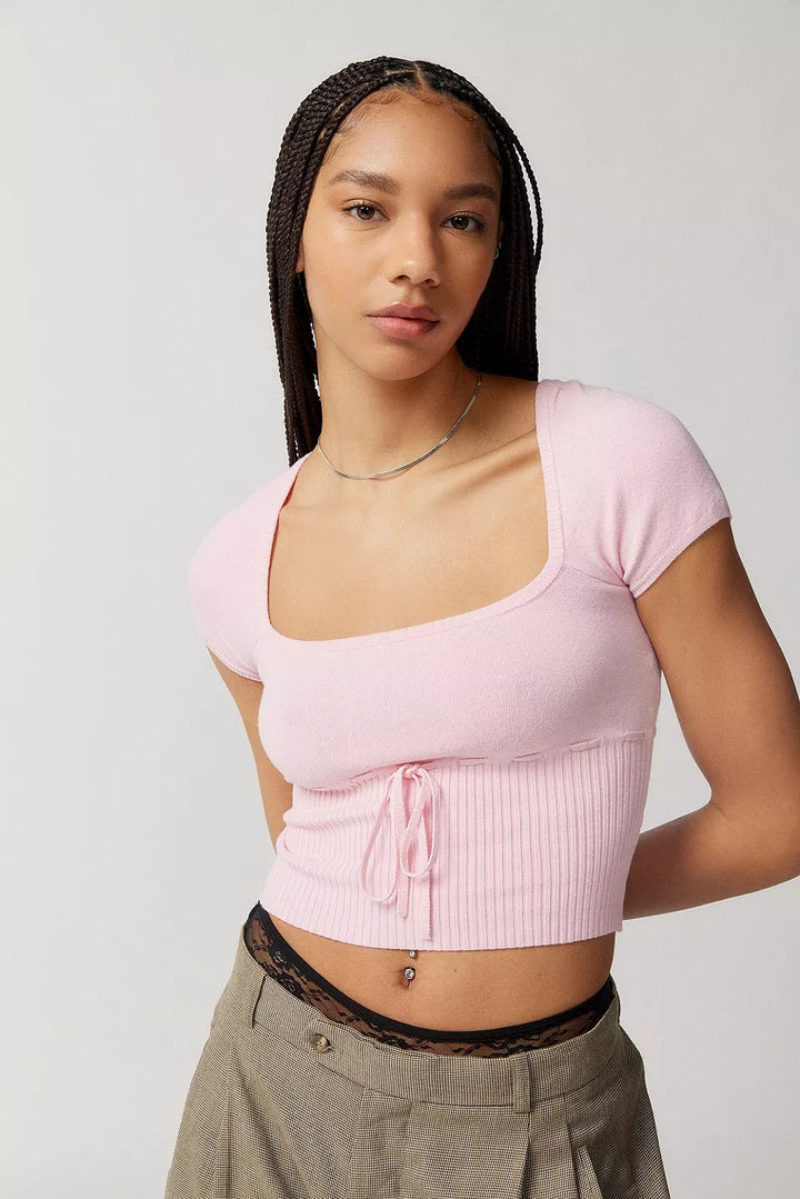 Damen Cropped Strickoberteil mit variabler Schnürung und tiefem Ausschnitt Drune