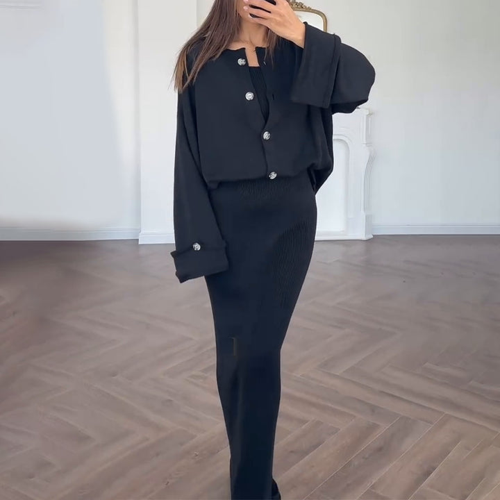 Damen elegantes Strickkleid mit passender Cardigan-Überwurf Drune