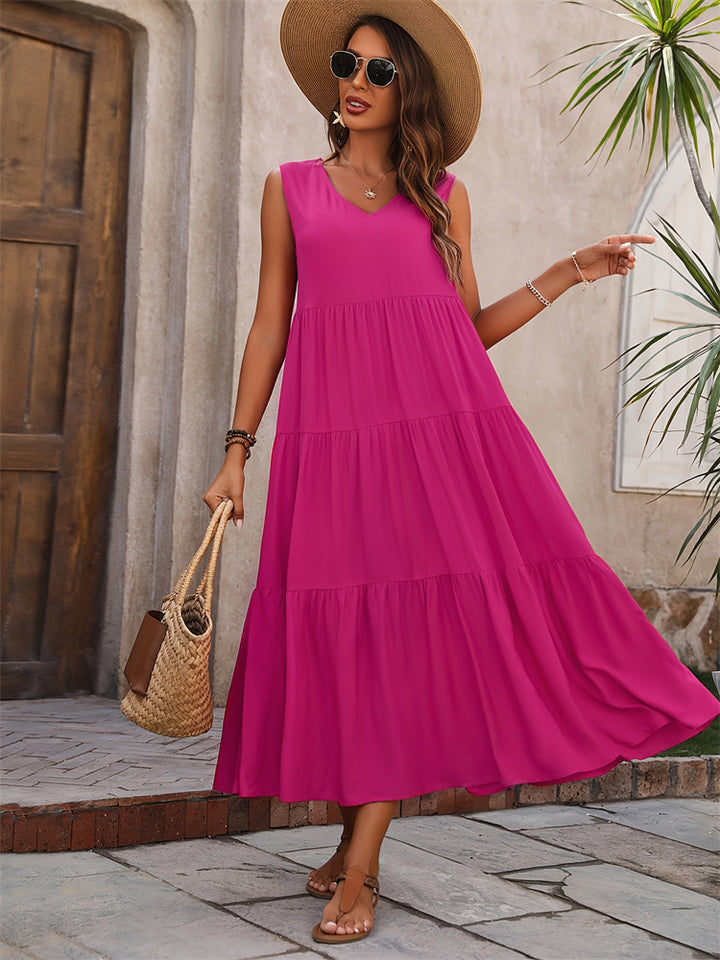 Damen Elegantes Sommer-Maxi-Kleid mit voluminösem Rock und V-Ausschnitt Drune