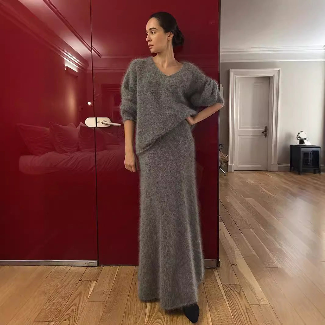 Damen Elegantes Strickkleid mit V-Ausschnitt und weitem Schnitt Drune