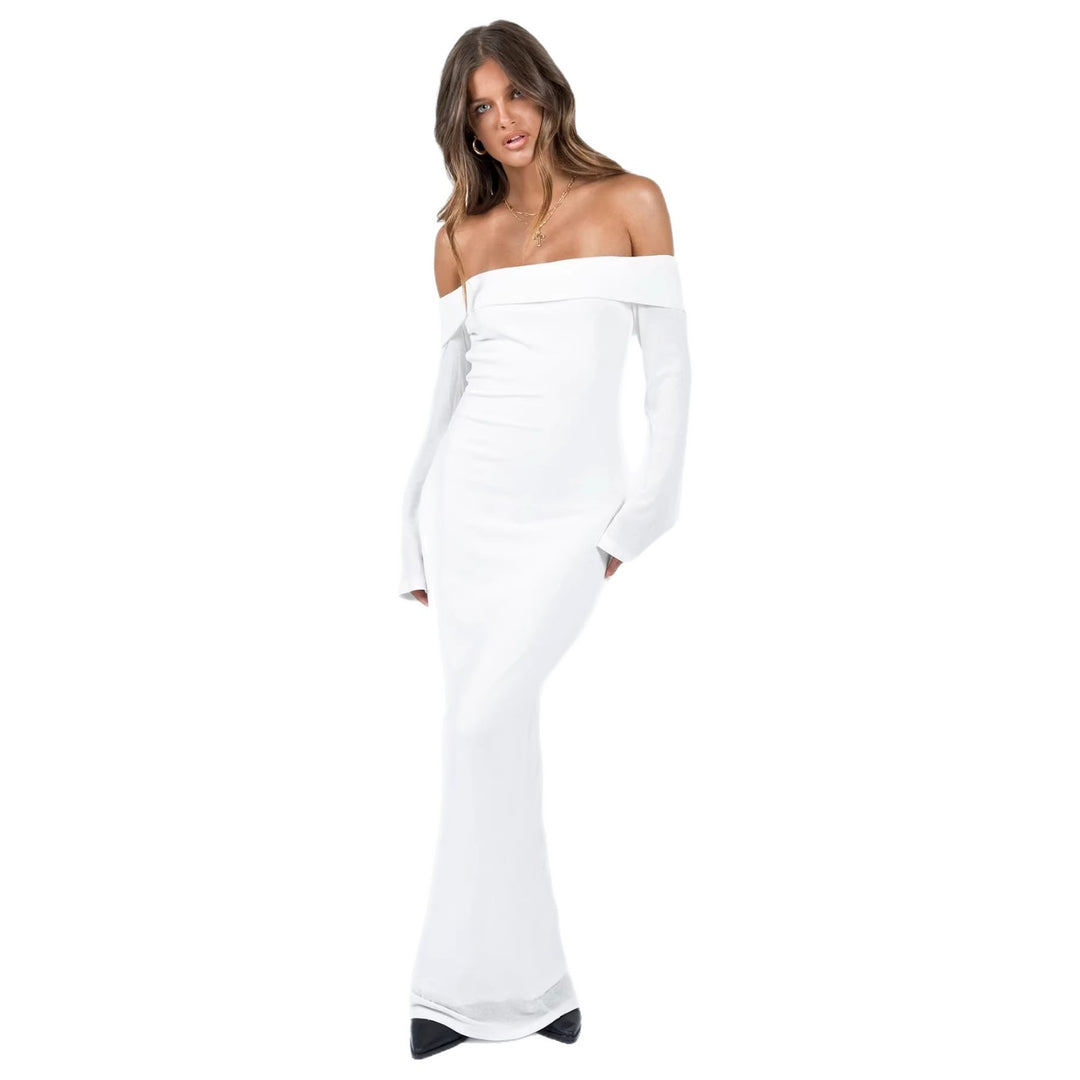 Damen Off-Shoulder Maxikleid mit langen Ärmeln und figurbetontem Schnitt Drune