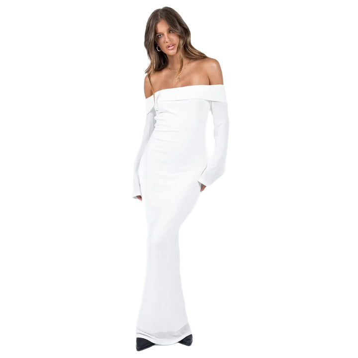 Damen Off-Shoulder Maxikleid mit langen Ärmeln und figurbetontem Schnitt Drune