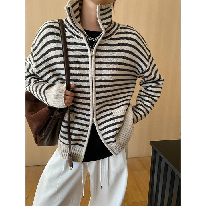 Damen lässige Strickjacke mit gestreiftem Design und hoher Kragen Drune