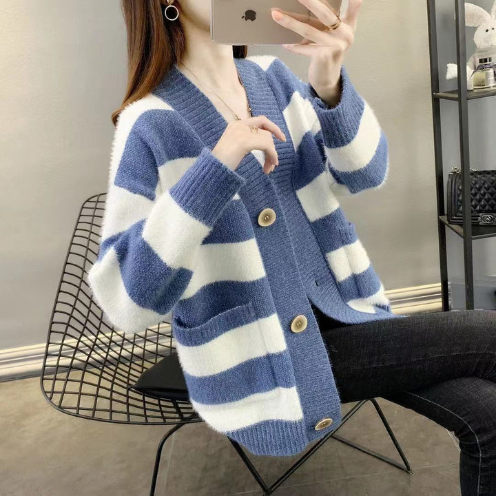 Damen Grobstrick-Cardigan mit Breton-Streifen und praktischen Taschen Drune