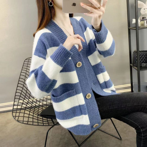 Damen Grobstrick-Cardigan mit Breton-Streifen und praktischen Taschen Drune