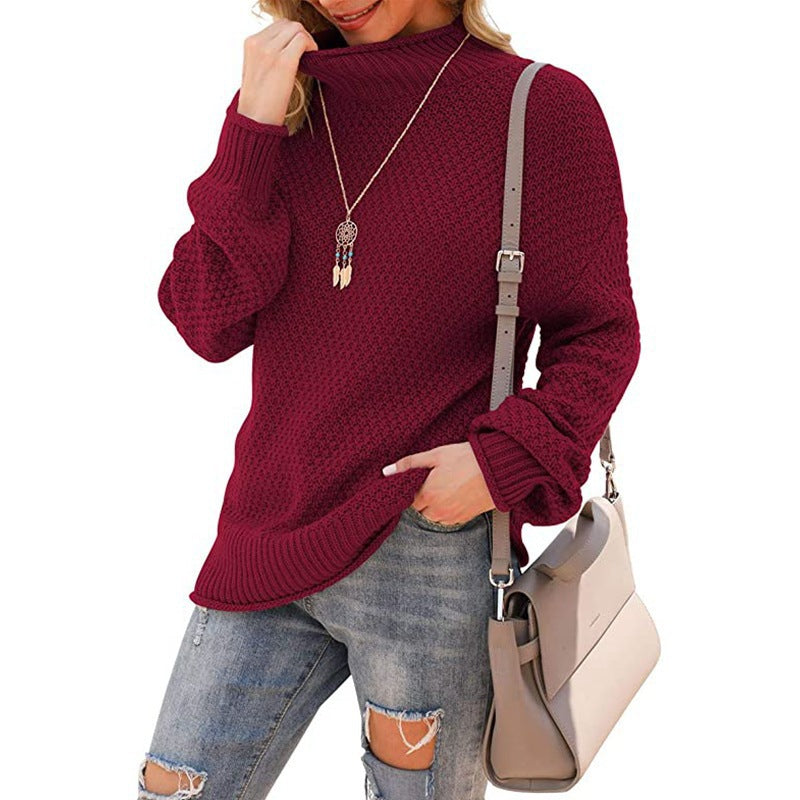 Damen Grobstrickpullover mit hohem Kragen und bequemen Ärmeln Drune