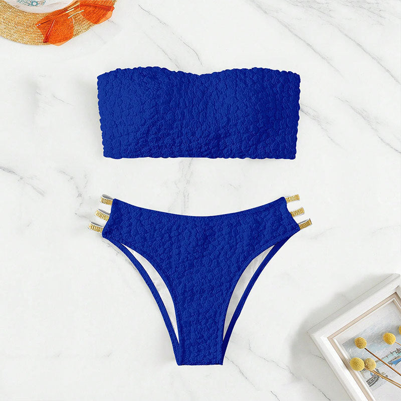 Damen Bandeau-Bikini mit dekorativen Riemen und strukturiertem Oberteil Drune