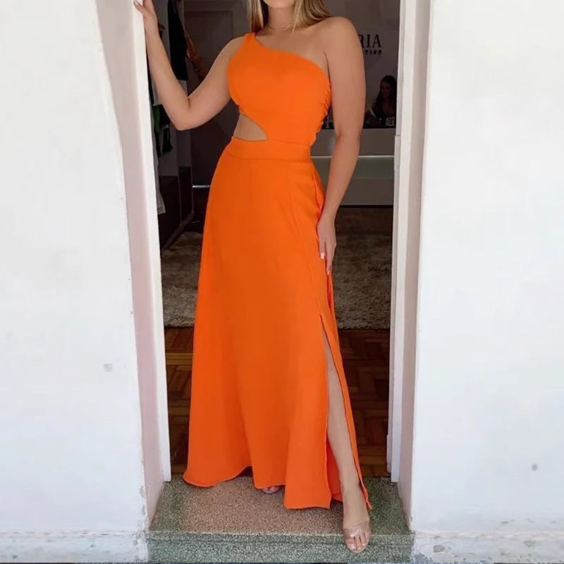 Damen Elegantes Maxikleid mit asymmetrischem Ausschnitt und Seitenschlitzen Drune