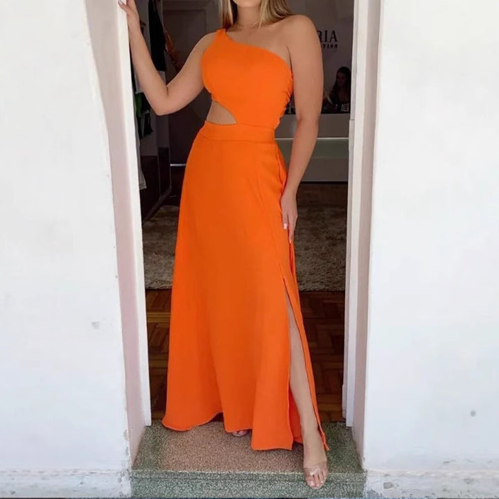Damen Elegantes Maxikleid mit asymmetrischem Ausschnitt und Seitenschlitzen Drune